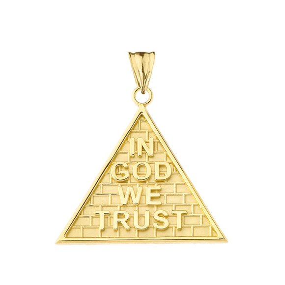 14K Solid Gold "In God We Trust" Pyramid Pendant - Yellow, Rose, White